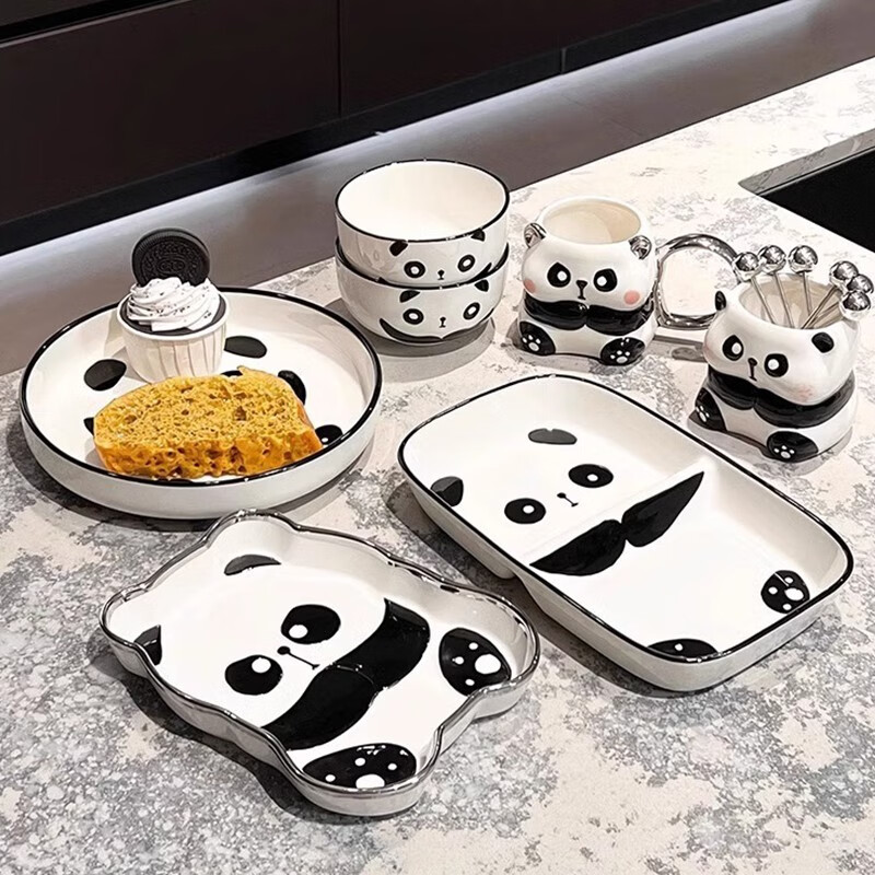 可爱陶瓷碗盘餐具儿童宝宝家用单个分格餐盘高颜值杯子吃饭碗 熊猫-4