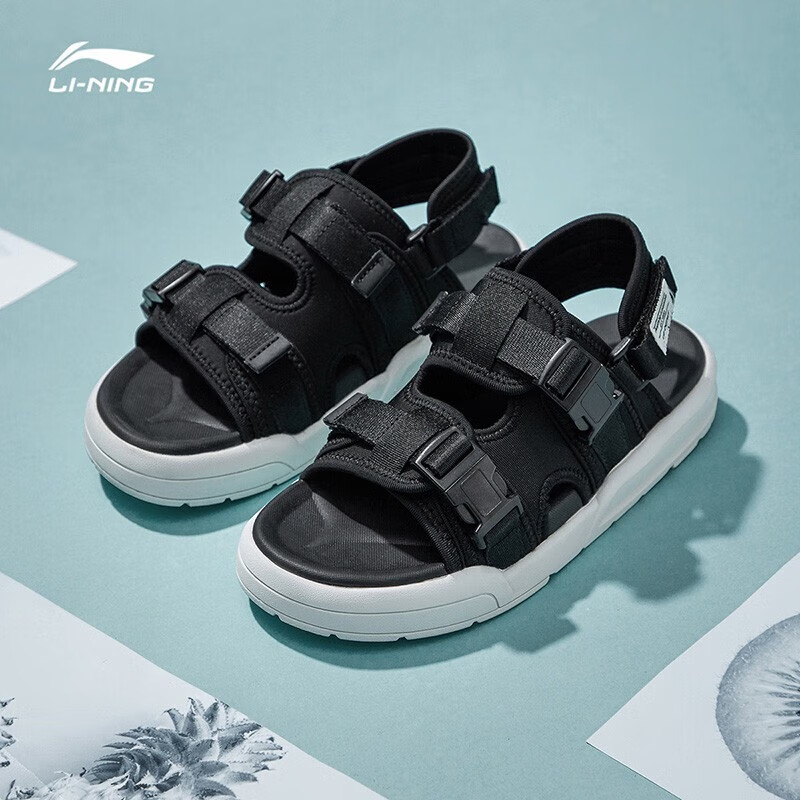 李宁凉鞋女夏季新款coca厚底百搭魔术贴沙滩休闲运动凉鞋 黑色 35