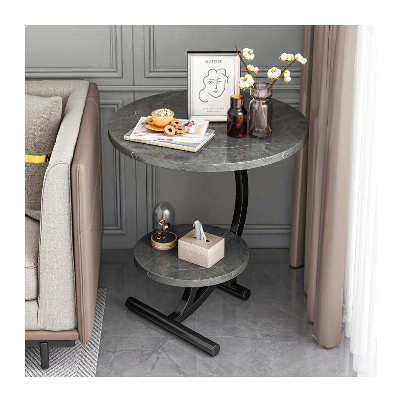 小匠圈 茶几边几小圆桌小茶几轻奢客厅边桌阳台床边柜简约家用创意角落小桌角几 【白+黑架】宽55CM×高60CM 双层台面 稳固结构