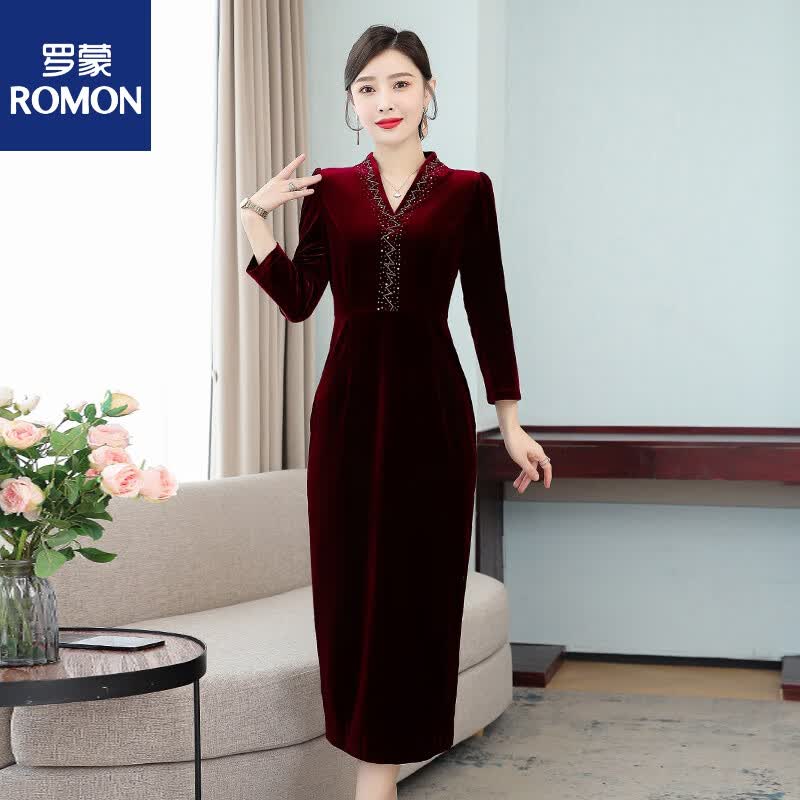 罗蒙（ROMON）改良旗袍女2023春秋新款时尚高贵洋气收腰显瘦中国风金丝绒连衣裙 酒红色 XL怎么看?