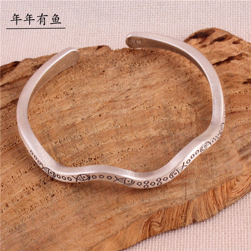 览日鸟新品  银手镯 足银小鱼年年有鱼银镯子蛇形简约复古鱼镯小众