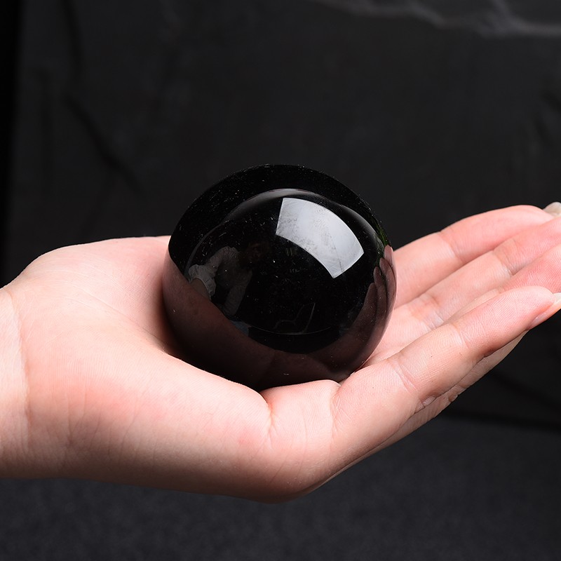蕴然天然黑曜石水晶球室内摆件黑色宝石彩虹眼原石打磨居家带底座