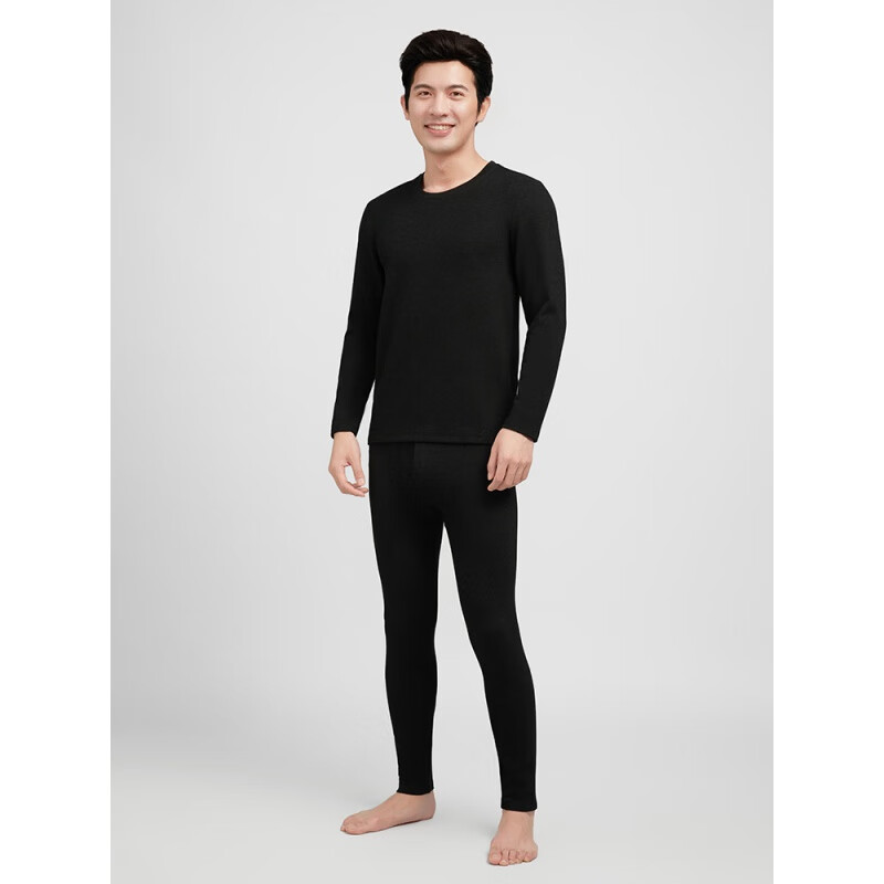 宜而爽 保暖内衣男 阳离子蚕丝圆领秋衣秋裤磨毛男士套装heat  黑色