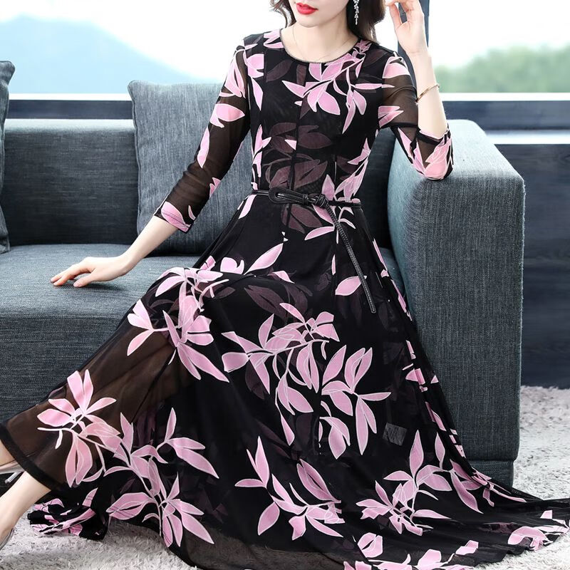 高端显瘦连衣裙女2024新款夏季中袖气质收腰中长款裙子 法国品牌花色