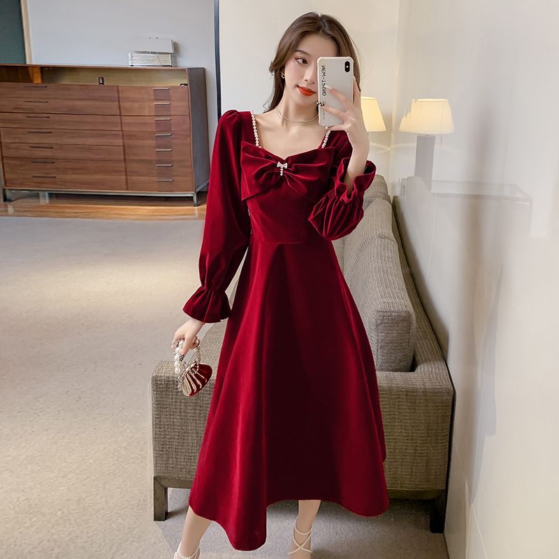 以欧  丝绒长袖敬酒服新款春秋季结婚订婚回门酒红色晚礼服连衣裙 6603 红色（丝绒） L