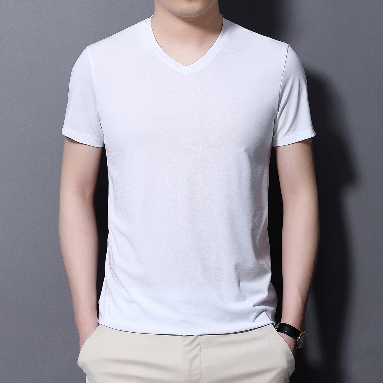 恒源祥品牌男士丝光棉鸡心领短袖t恤打底衫v领半袖上衣时尚宽松体恤衫