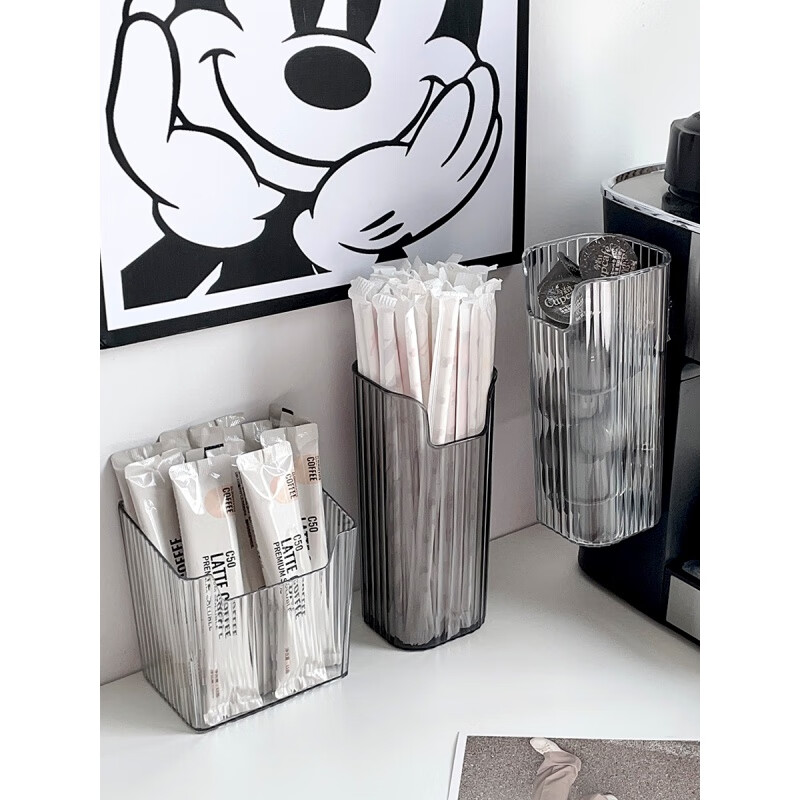 贾思德吸管收纳挂冰箱收纳盒奶茶勺子壁挂便携一次性吸管盒置物架吸管架 圆筒透明 送背胶