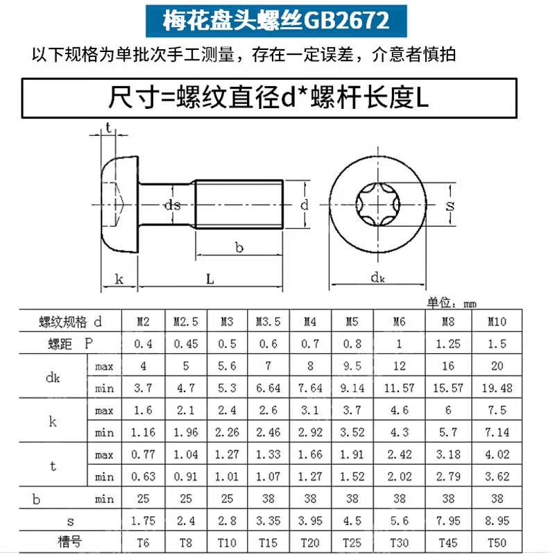 劲功 304不锈钢盘头梅花槽螺钉圆头梅花螺丝gb2672 m6