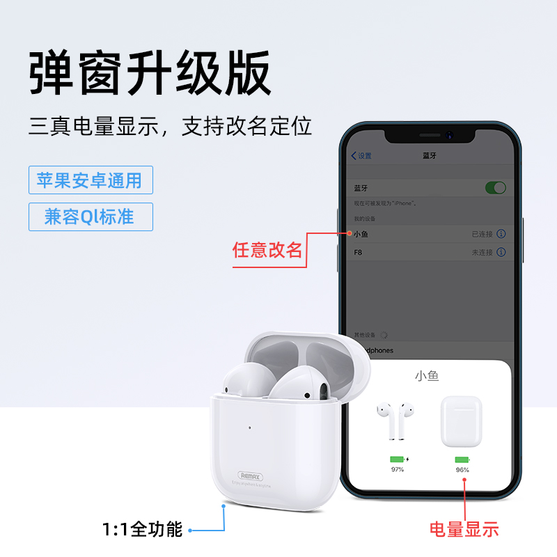 REMAX睿量 真无线蓝牙耳机适用苹果华为小米vivo华强北二代oppo荣耀安卓适用于苹果13 【顶配版】智能弹窗｜改名定位｜蓝牙5.1