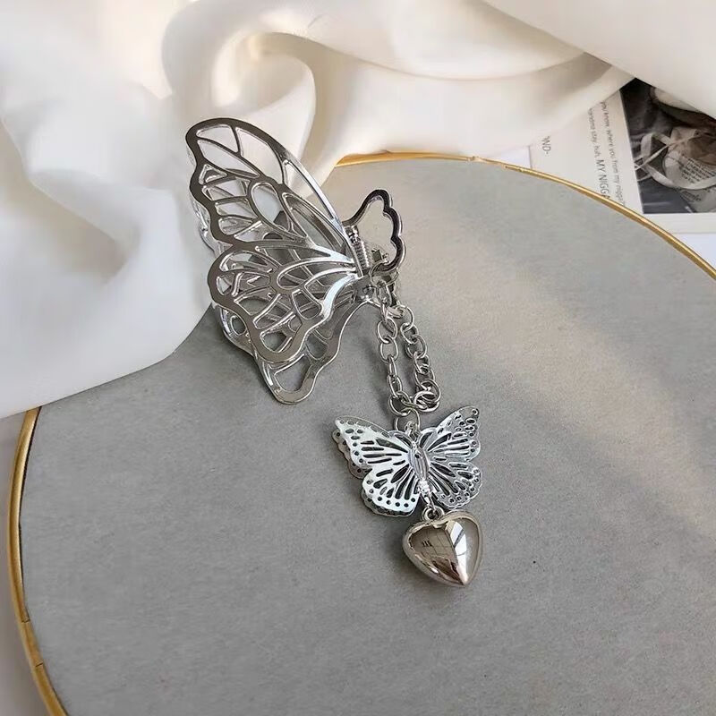 生网红蝴蝶爱心抓夹金属链条立体吊坠后脑勺学生ins发抓发夹 吊坠蝴蝶