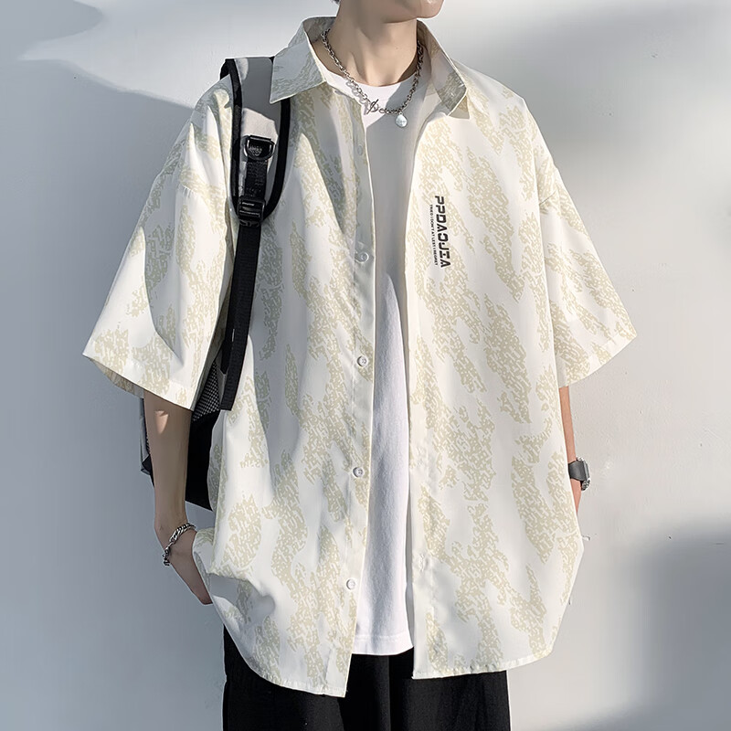 引異暗紋原創(chuàng)冰絲短袖襯衫男夏季薄款休閑寬松大碼男裝痞帥花襯衣 白色 5XL