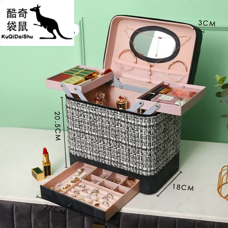 酷奇袋鼠化妆包大容量化妆品盒子携式化妆箱手提带镜子感简约宿舍网红 双开盒带抽屉【黑】高性价比高么？