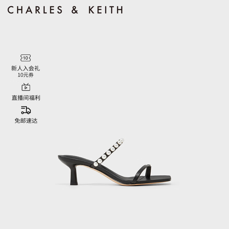 CHARLES&KEITHCK1-60361419女士珍珠绊带饰夹趾高跟凉鞋 Black黑色 36