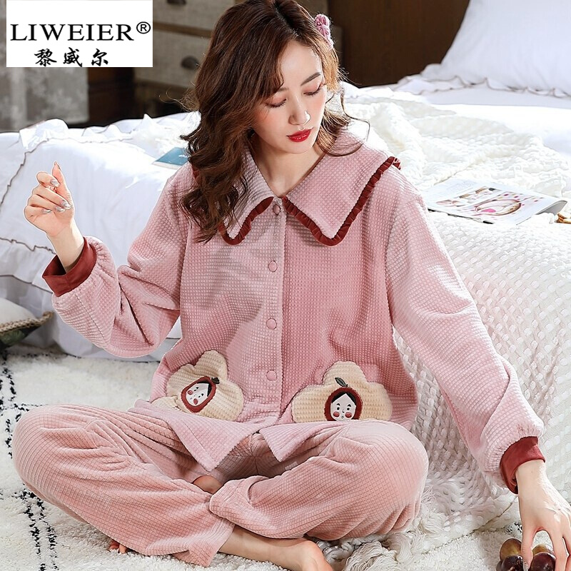 黎威尔品牌睡衣女冬珊瑚绒2021新款海岛绒家居服加厚保暖法兰绒两件套