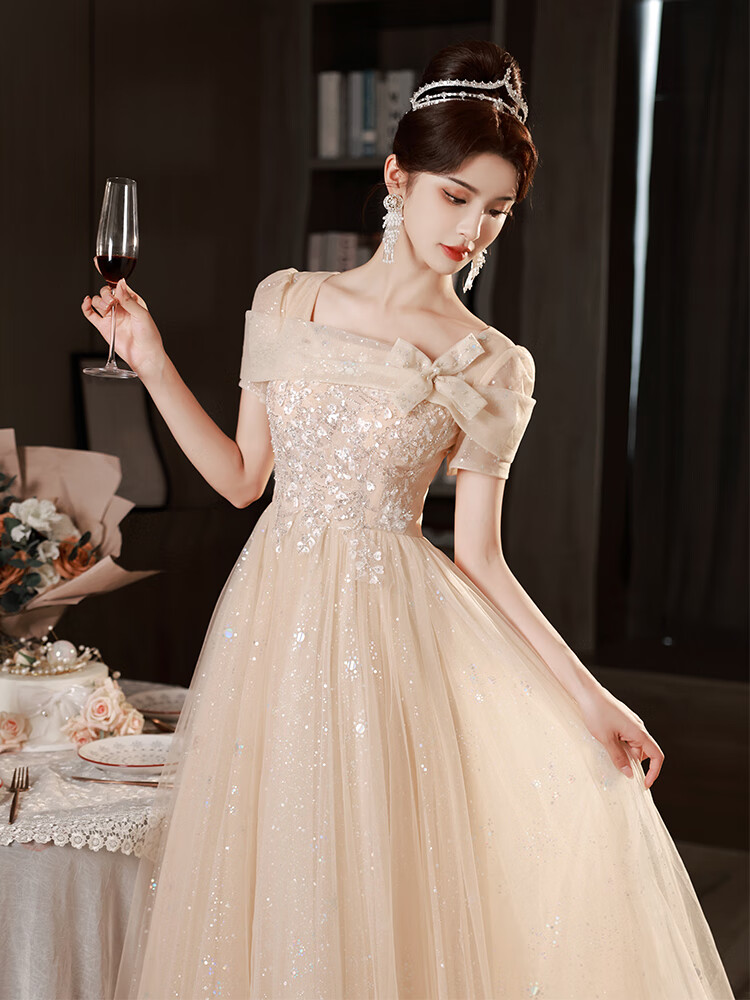 鉑朗尼奧禮服女宴會晚禮服高檔小個(gè)子法式小晚禮服宴會女氣質(zhì)高級感輕奢 香檳色中長款 L