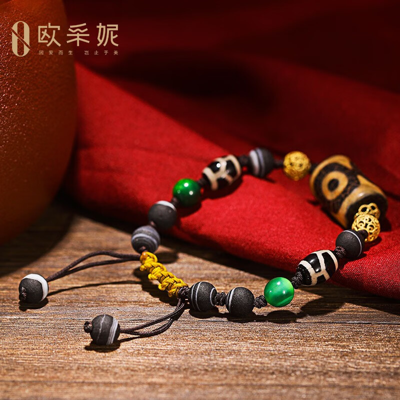 欧采妮珠宝 三眼至纯天珠手串diy设计款天然西藏真品色达老玛瑙原石包浆至纯天珠 三眼天珠手串