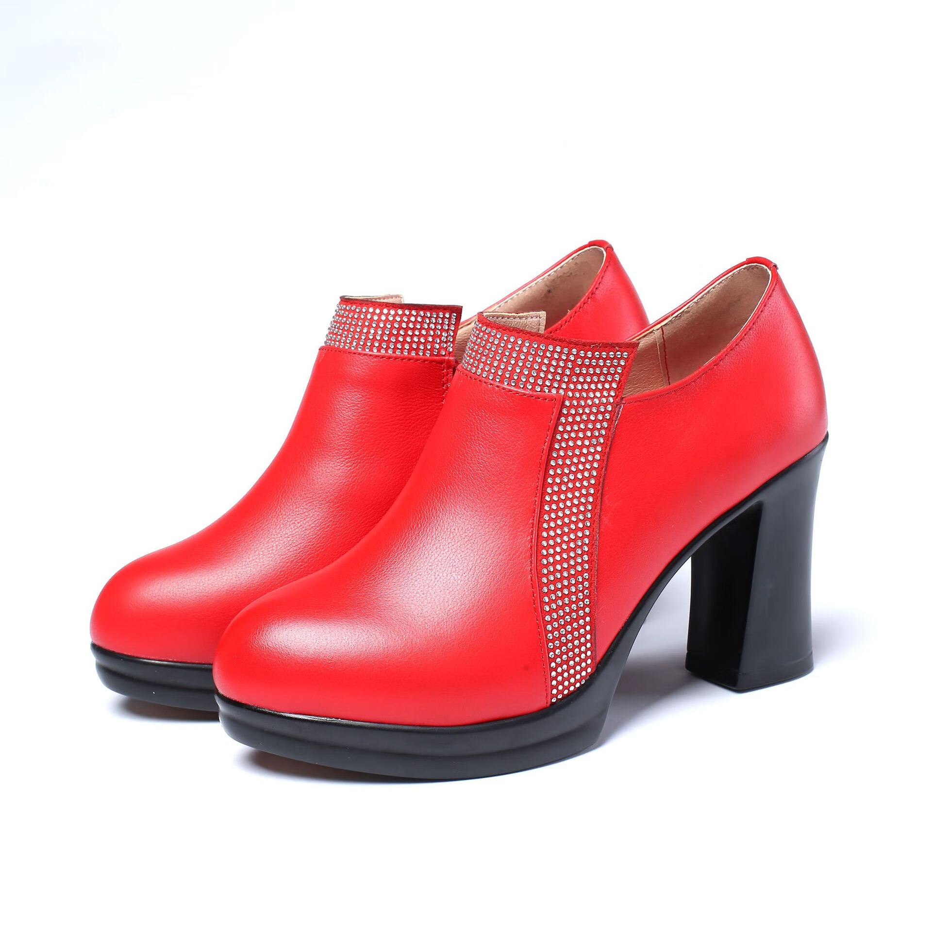 妮女鞋同款女式春季高跟皮鞋女2022新款真皮粗跟单鞋靓丽水钻红色女鞋