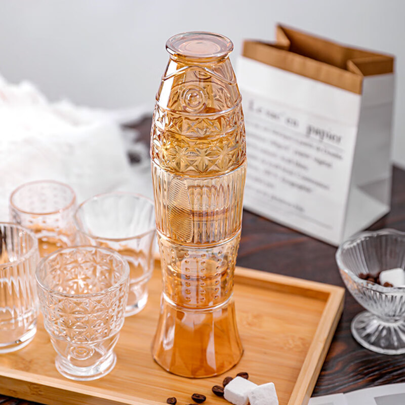 乐唯诗（LOVWISH） 乐唯诗 锦鲤叠叠水杯耐热玻璃杯创意杯子酒杯果汁杯 锦鲤叠叠杯【金色】4件套