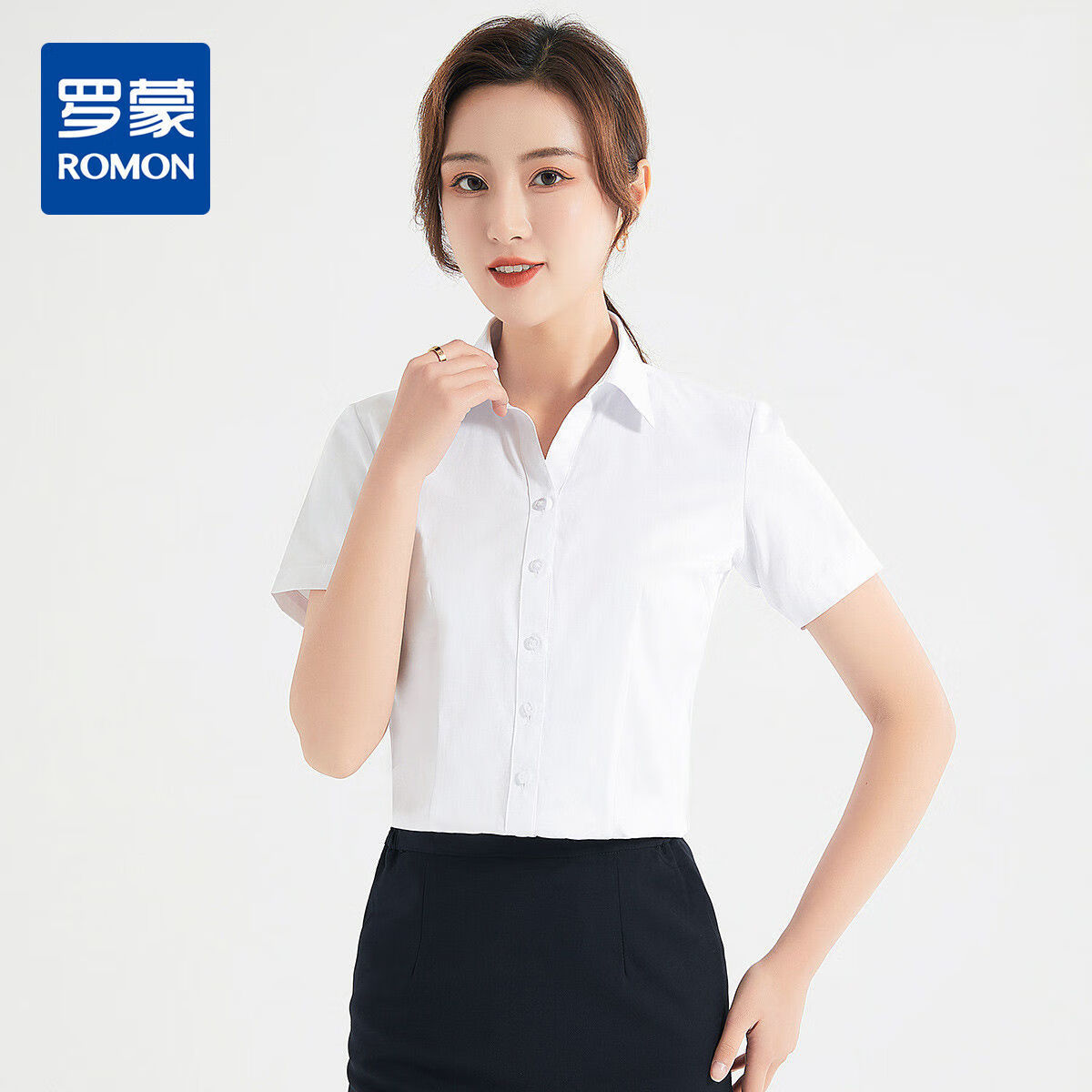 罗蒙(romon)衬衫女短袖夏季正装商务通勤职业上班工装棉质白衬衣女