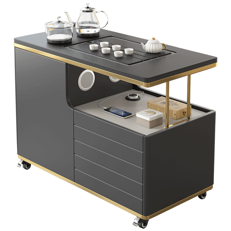 栖梓移动茶桌家用小户型火烧石茶台智能功夫茶几多功能茶几阳台小茶车 移动茶桌【深色款】+茶椅1把 整装