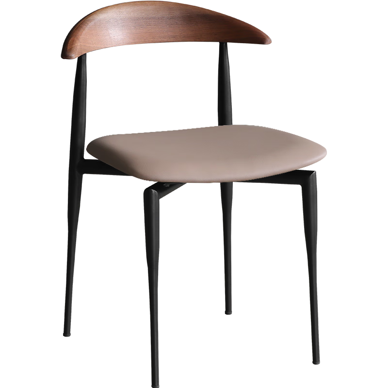 北欧表情核桃木餐椅意式简约复古铁艺皮面牛角椅靠背办公椅 浅驼色