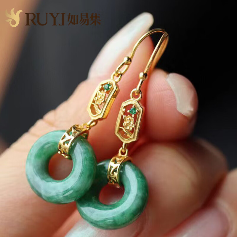 歌盼 翡翠平安扣耳环 天然翡翠A货甜甜圈耳坠女 银古典复古耳饰中国风 天然翡翠耳环+证书