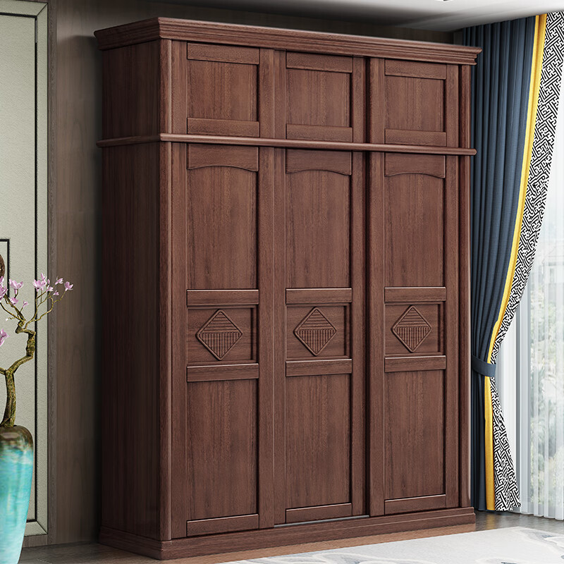 见筑 简约紫金檀木实木衣柜卧室现代推拉门衣橱新中式带镜储物实 三门