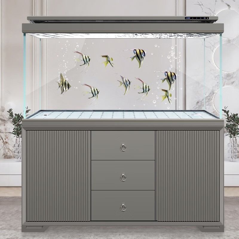 汉霸无管件底滤鱼缸家用大型超白玻璃鱼缸生态智能金鱼缸 浅灰 靠墙0.8米长x40cm宽x170cm高