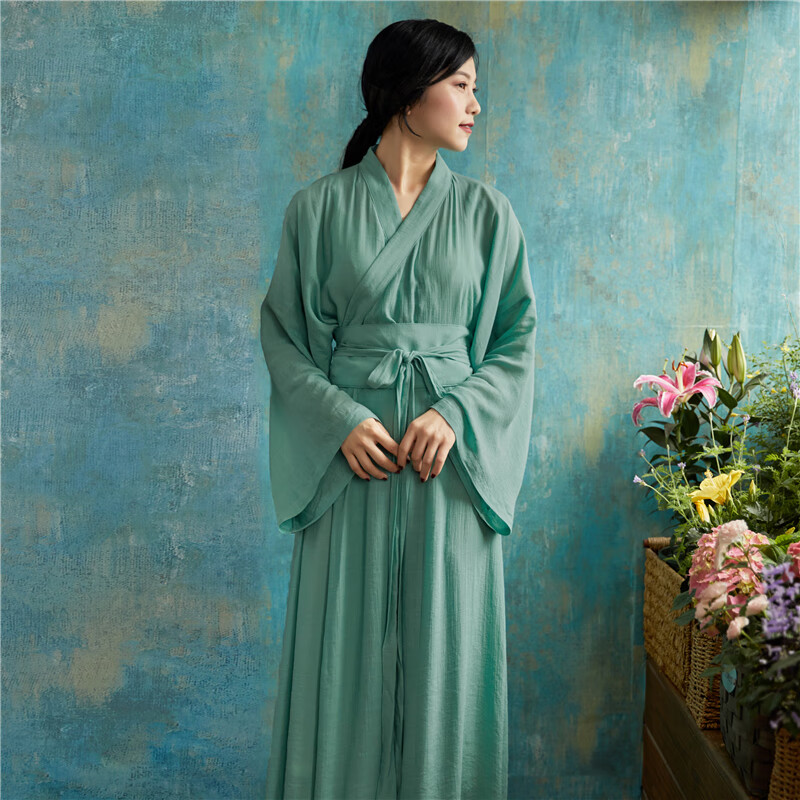 青玉汉服直裾褙子传统交领深衣魏晋战国飘逸男女茶服禅服 青玉汉服(配