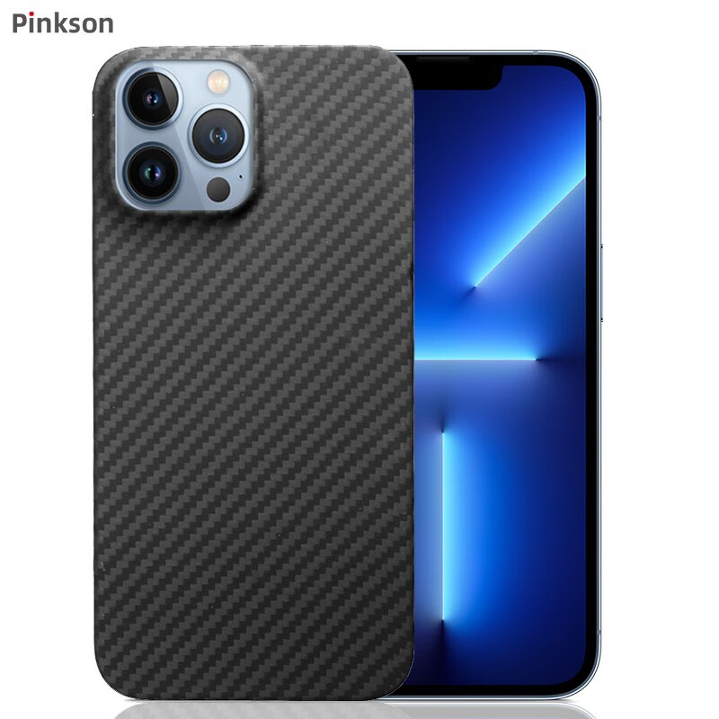 Pinkson 苹果13ProMax手机壳iPhone13凯夫拉碳纤维芳纶保护套商务超薄磨砂13PM防摔简约 【黑色-覆盖镜头款】 【苹果13ProMax】