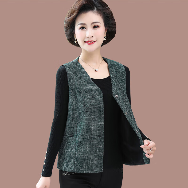 毛线背心女针织马甲中老年春秋薄款女短款宽松马夹坎肩外套 绿色 xl