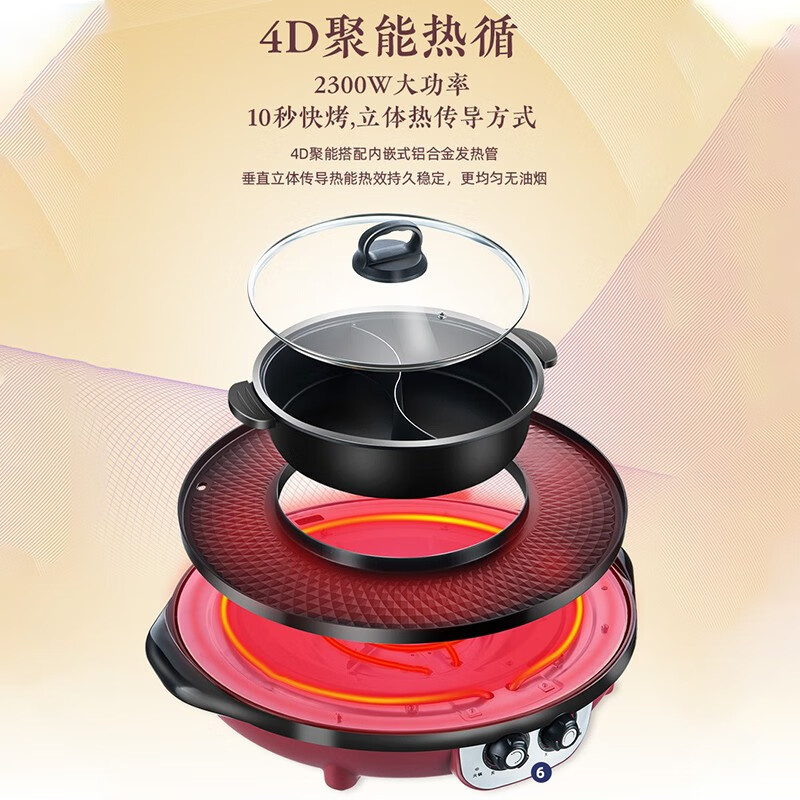 SHANDIANSHUI 电烧烤炉鸳鸯电火锅涮烤一体锅烤肉锅 烧烤火锅一体家商用双控 不沾电烤盘 【升级款】52cm特大号红色【全可拆卸】_26件套