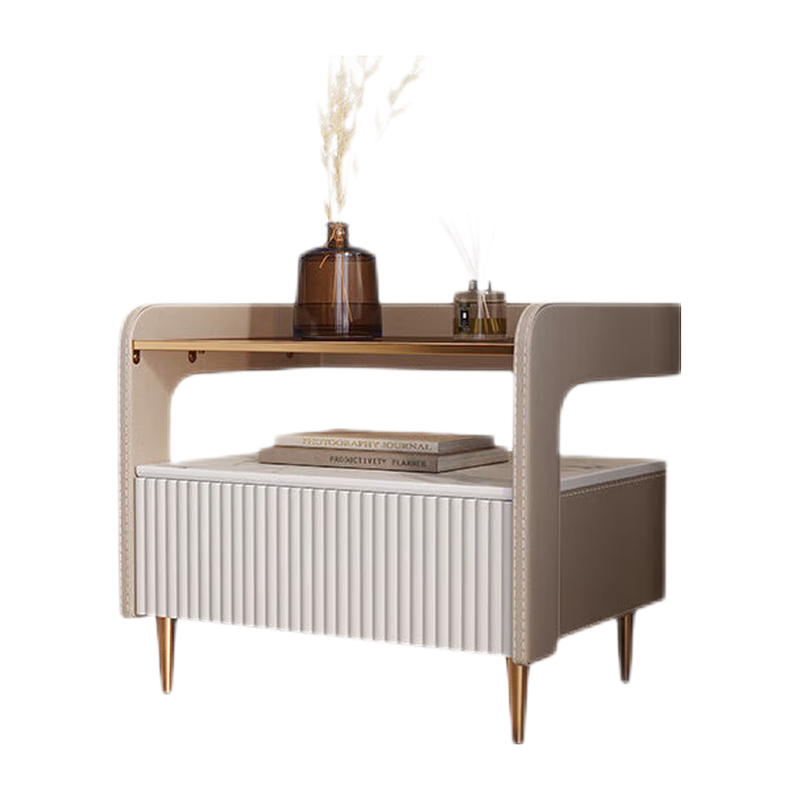 编草人 岩板床头柜全实木轻奢卧室欧式智能高端高级感现代木质收纳 浅杏色【柔光感应灯】