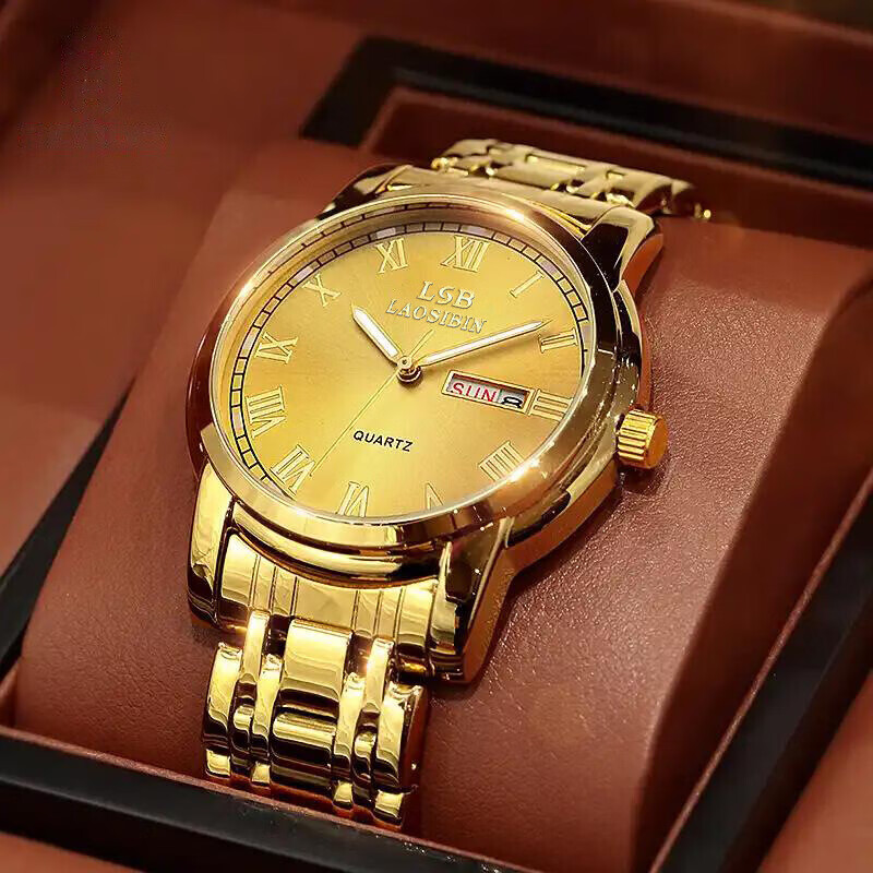 lsb laosibin手表男士夜光防水商务机械风双日历镶钻小金表瑞士进口