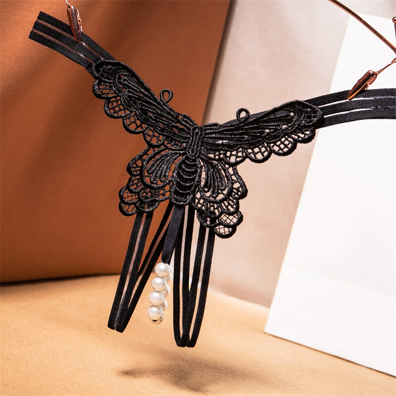 嫩房蝴蝶诱惑开档丁字裤 女式按摩珍珠性感开裆免脱女士内裤 黑色