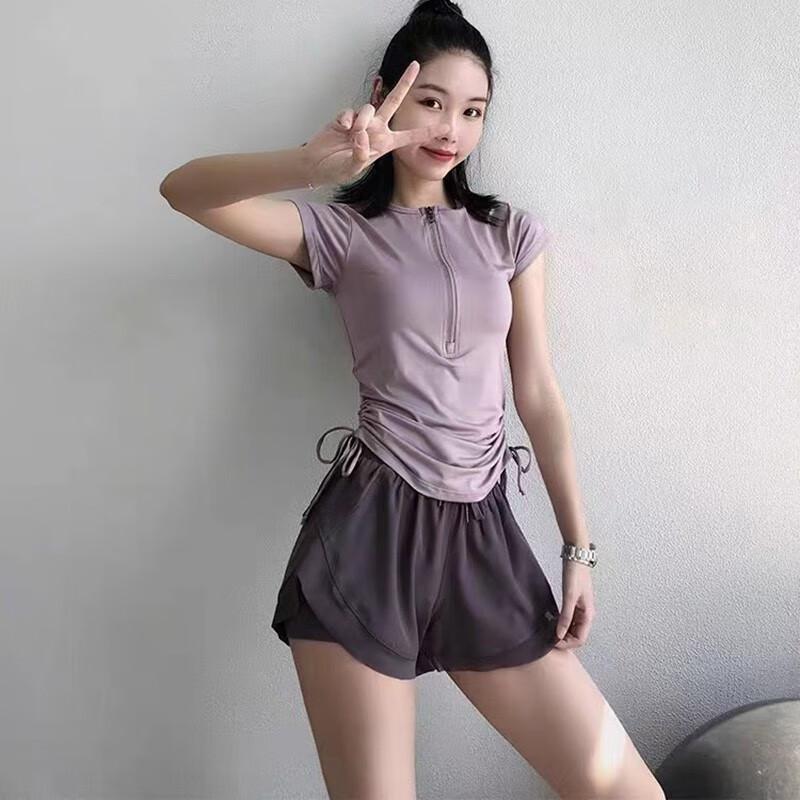 瑜伽少女瑜伽服女套装夏季健身跑步服薄款显瘦运动套装 紫色上衣+紫色短裤 L (110-125斤)