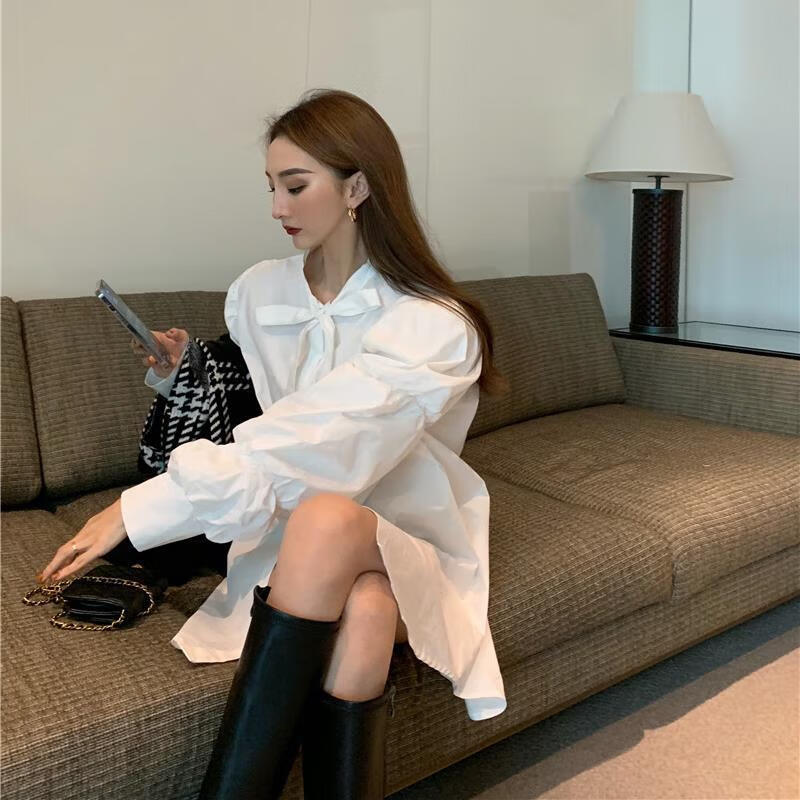 套装2021春秋季韩版长袖衬衫 v领撞色毛衣针织马甲两件套女 白色成览
