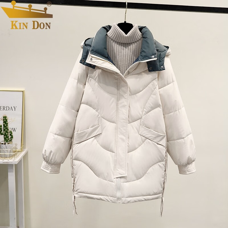 金盾(KIN DON)棉服女2021冬季中长款韩版宽松休闲连帽面包服时尚保暖外套 白色 3XL