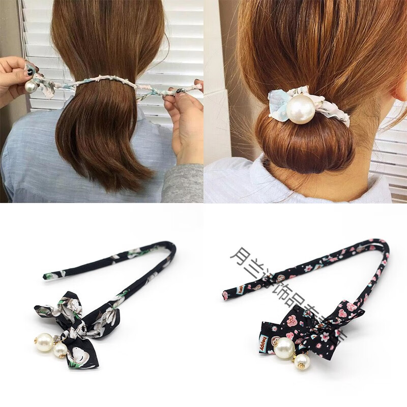 丸子頭盤發(fā)器發(fā)飾珍珠蝴蝶結(jié)花苞頭造型器懶人扎發(fā)神器盤發(fā)棒SN3673 米白色 黑白花朵+黑碎花