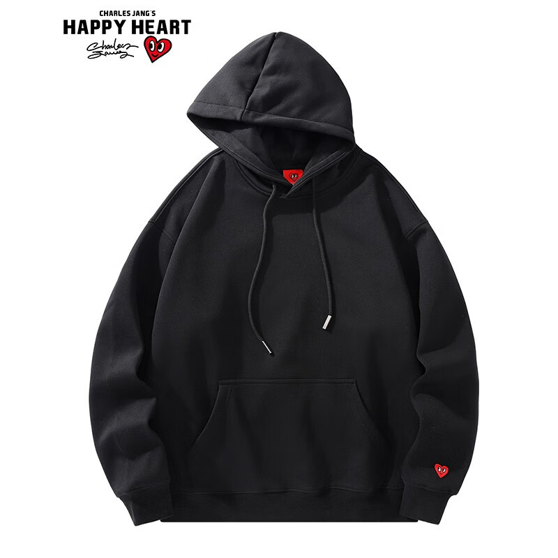 查尔斯桃心加绒卫衣男女同款经典连帽套头基础款爱心刺绣休闲宽松 黑色 L