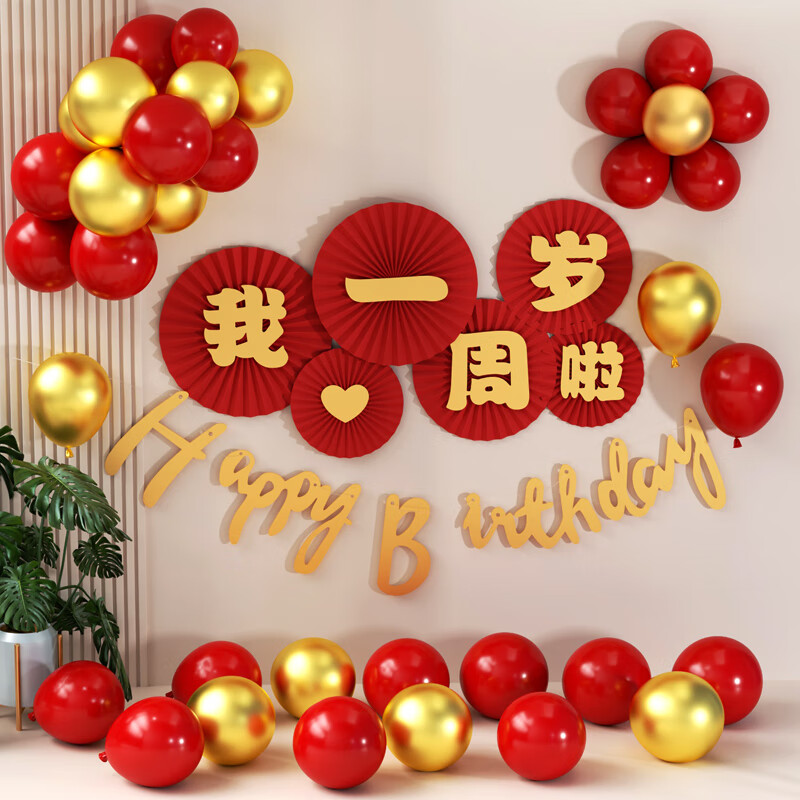 布置一周岁礼男孩女宝宝抓周折扇气球背景墙装饰全套 我一周岁啦套餐a