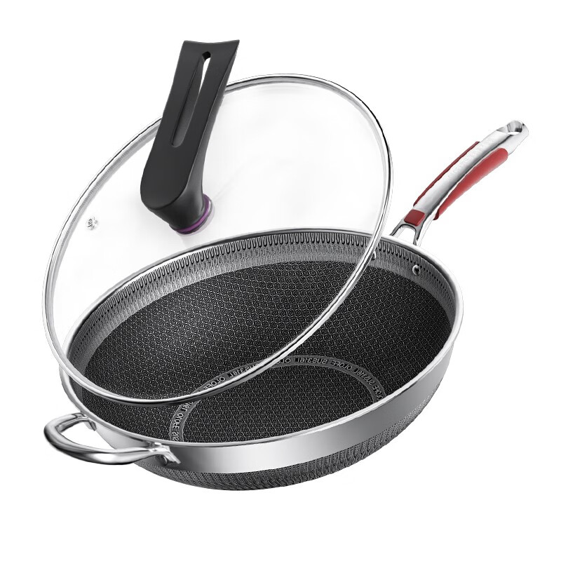 欧乐菲(OLOFE)316L不锈钢炒锅蜂窝平底炒炖菜锅不粘爆炒烹饪锅具燃气灶通用36cm