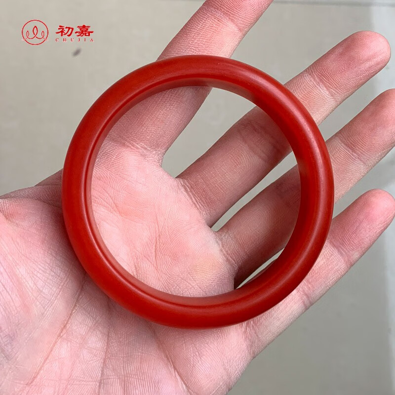 初嘉 合成保山南红玛瑙手镯 柿子红手环本命年红色镯子 送妈妈喜庆