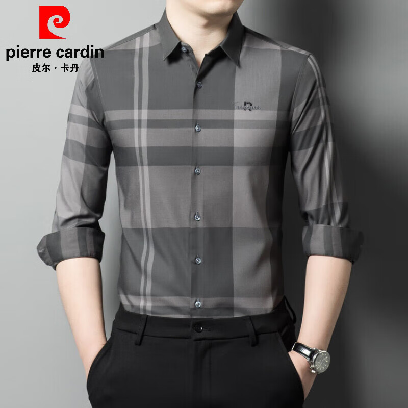 薄款商务刺绣中年男士条纹休闲衬衣 灰色-官方品牌男装高端十大品牌 m