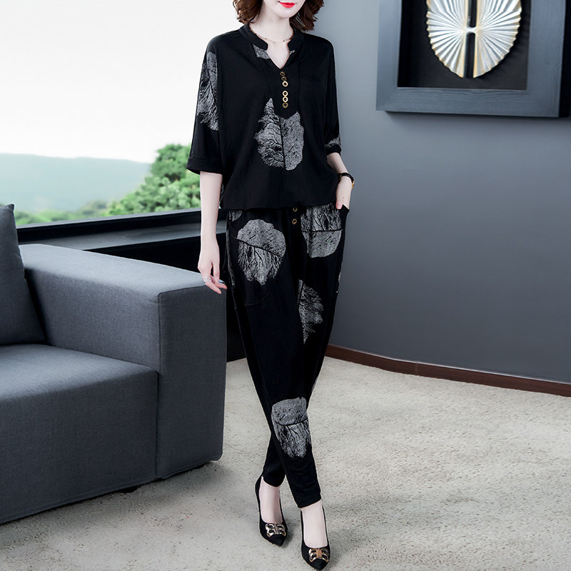 年新款休闲时尚高端洋气贵夫人阔太太两件套 叶子花套装 l(100-118斤)