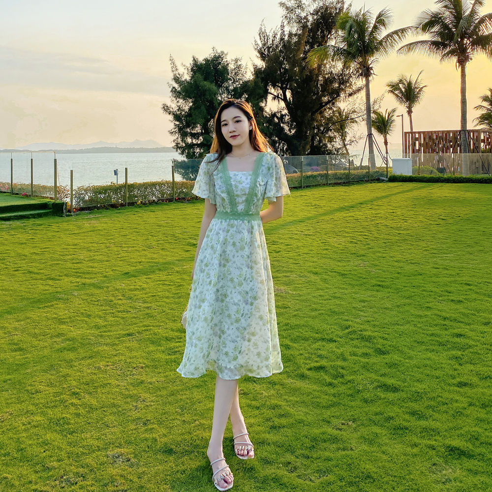 恺吉锐法式碎花连衣裙女夏边飘逸仙女气质收腰绿色雪纺中长款裙 浅