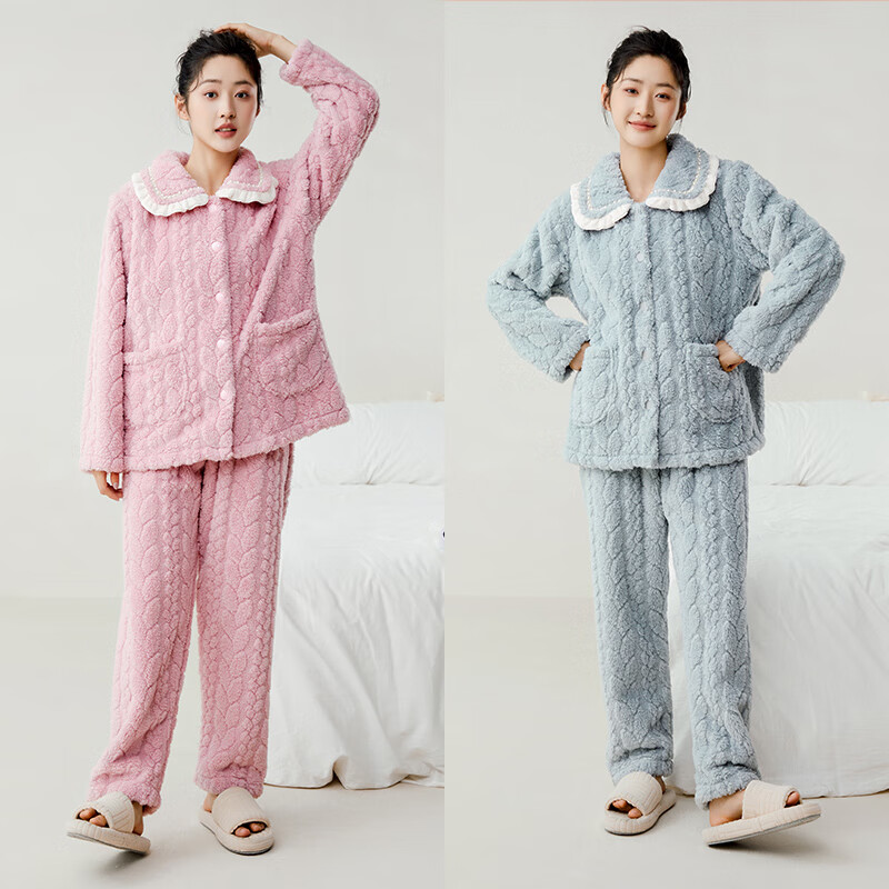 玛伦萨珊瑚绒睡衣女秋冬季新款可外穿翻领加绒加厚保暖套装家居服 灰兰 L
