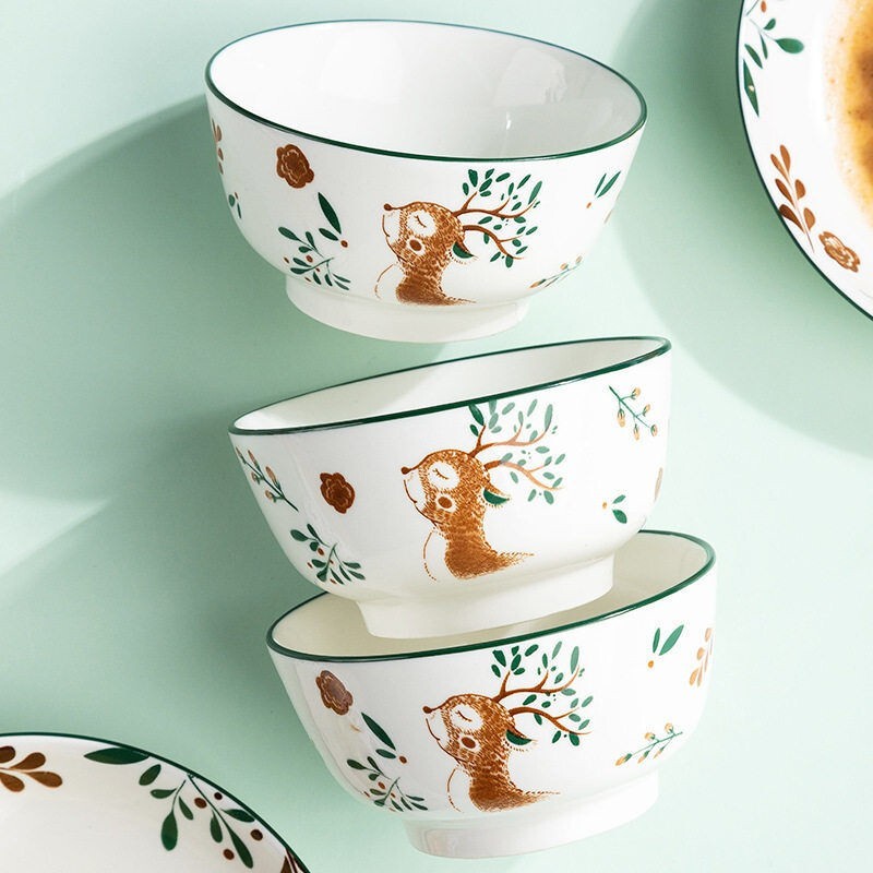 爆疯鱼 日式简约陶瓷餐具碗碟套装菜盘子碗筷家用创意碗 4.5寸小鹿碗 4个装
