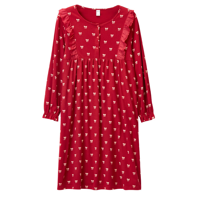 达尔丽红色睡裙女纯棉春秋圆领长袖中裙新款本命年甜美蝴蝶结印花连衣裙 T8246218-029-红色 2XL