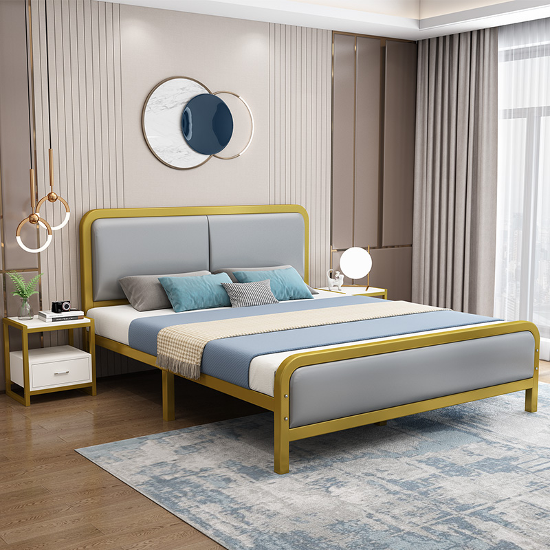 莳韵 床 铁艺床卧室双人床家用床现代轻奢出租房单人床软包 金色+软包（加粗加固） 1.2*2m
